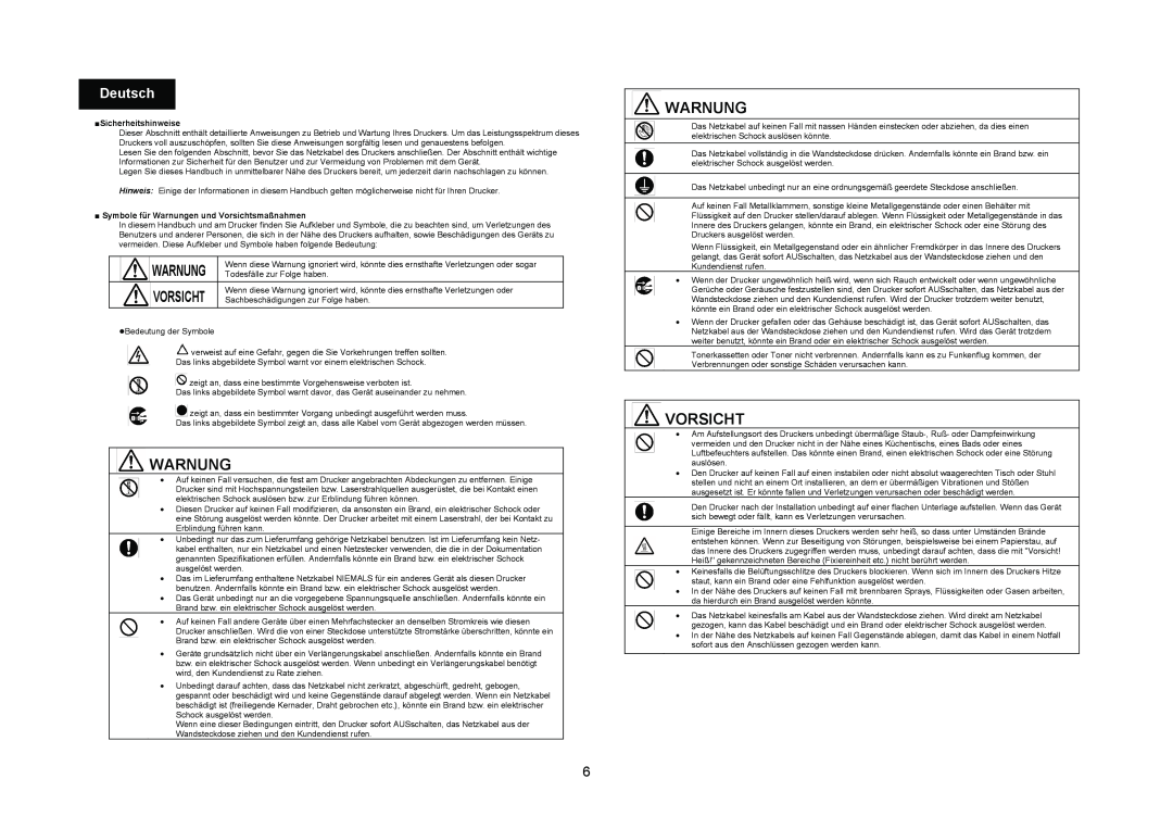 Konica Minolta 4695MF manual Deutsch, Sicherheitshinweise, Symbole für Warnungen und Vorsichtsmaßnahmen 
