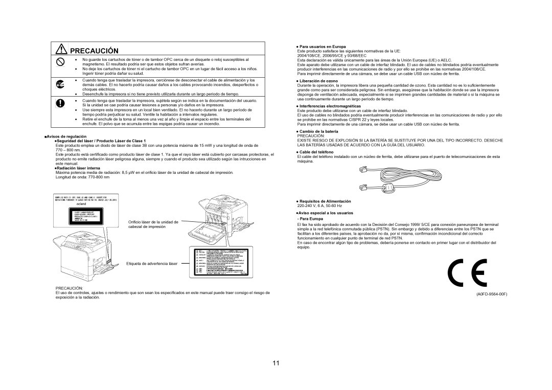 Konica Minolta 4695MF manual Radiación láser interna, Para usuarios en Europa, Liberación de ozono, Cambio de la batería 