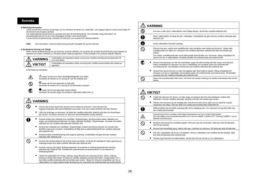 Konica Minolta 4695MF manual Svenska, Säkerhetsinformation, Symbolerna Varning och Viktigt 