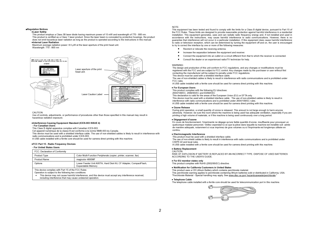 Konica Minolta 4695MF manual Regulation Notices Laser Safety, Internal Laser Radiation, For European Users, Ozone Release 