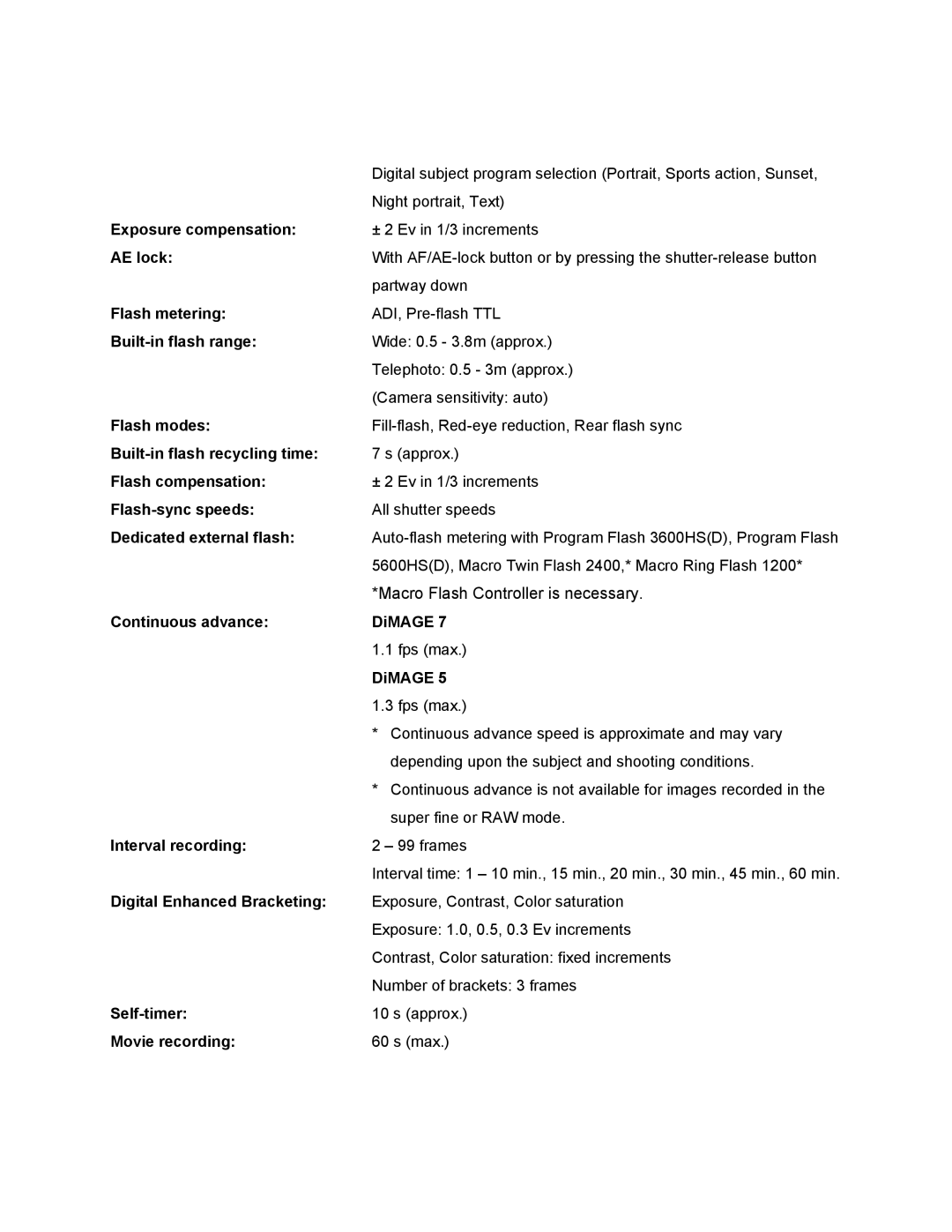 Konica Minolta 5 technical specifications Fps max 