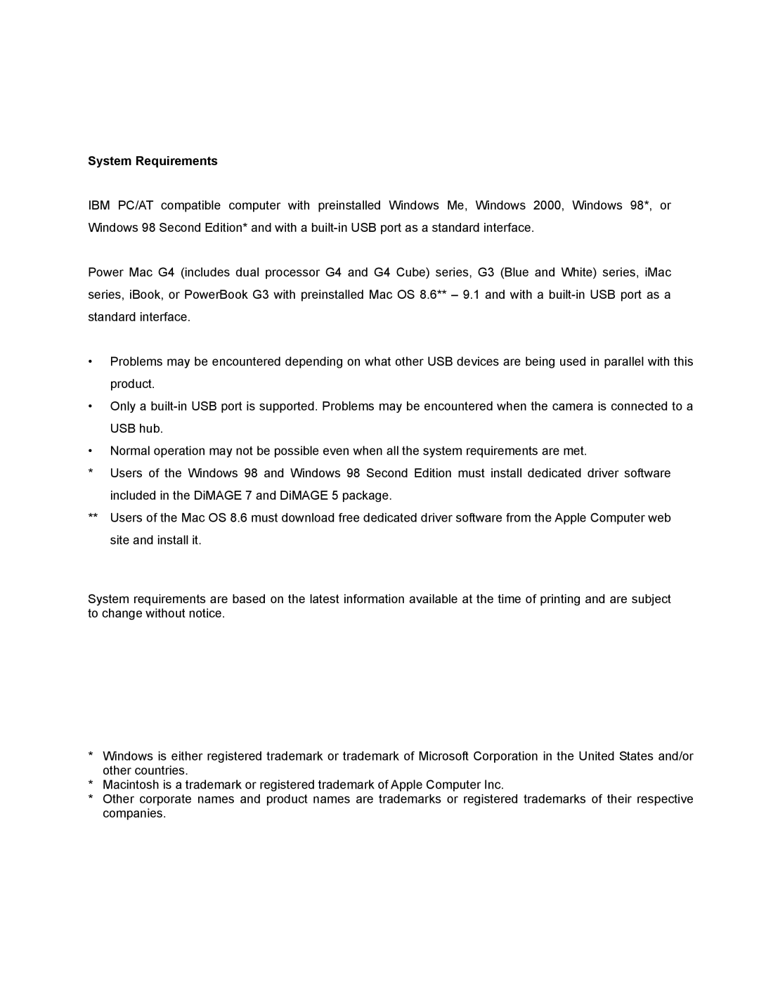 Konica Minolta 5 technical specifications System Requirements 