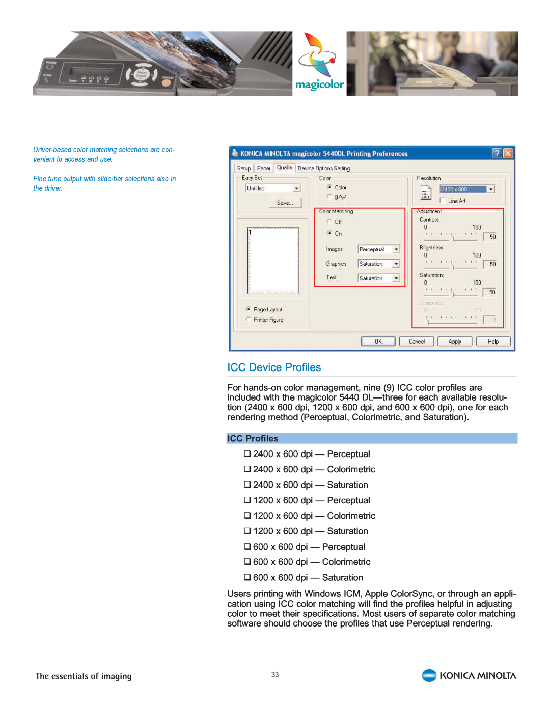 Konica Minolta 5440 DL manual ICC Device Profiles, ICC Profiles 