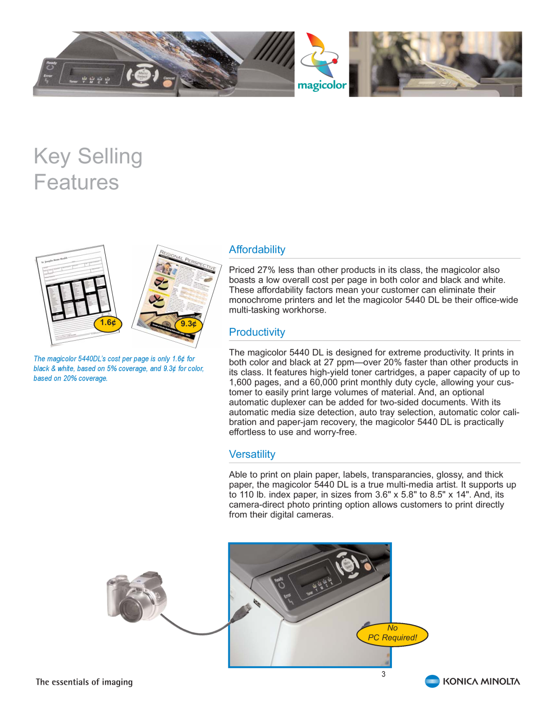 Konica Minolta 5440 DL manual Key Selling Features, Affordability, Productivity, Versatility 