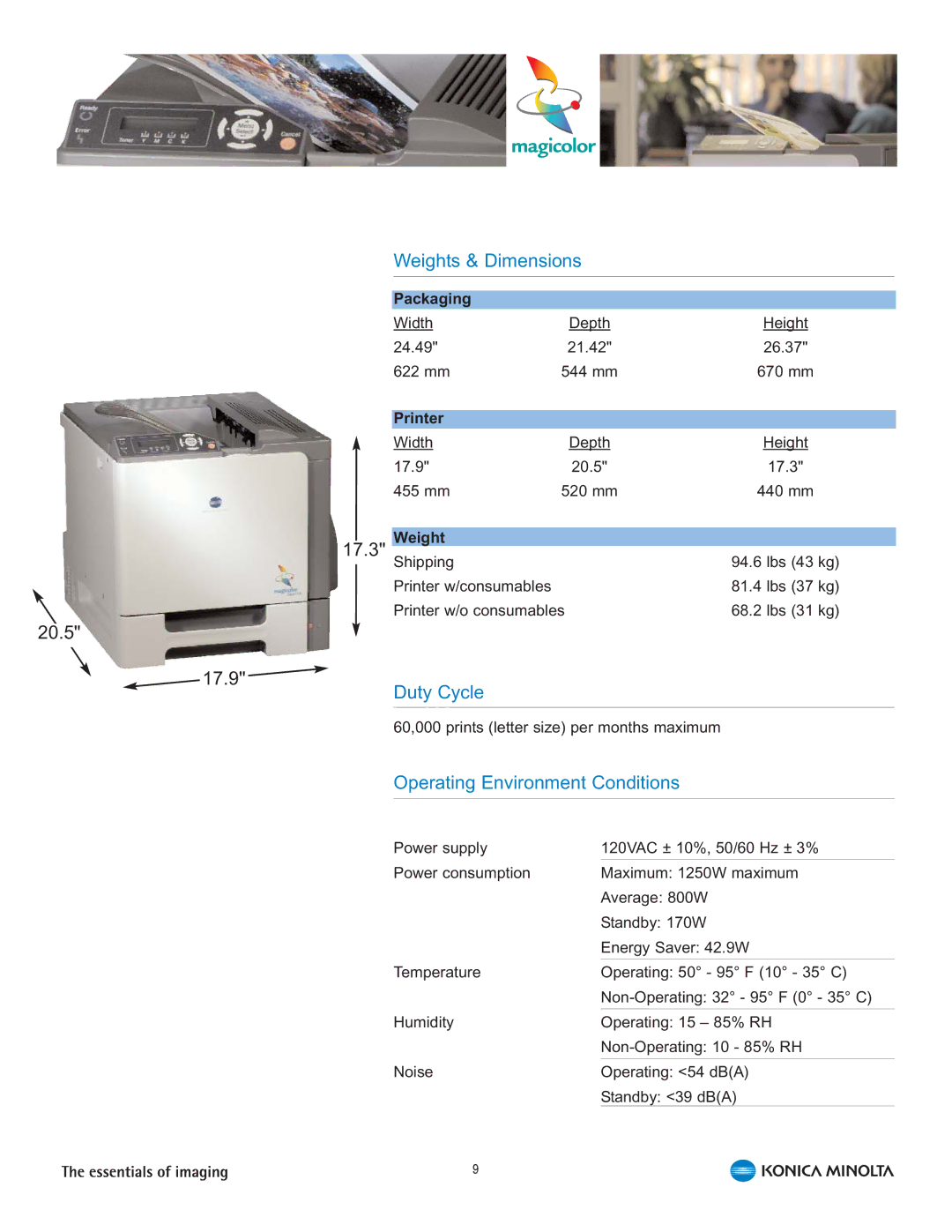 Konica Minolta 5440 DL manual Weights & Dimensions, Duty Cycle, Operating Environment Conditions 