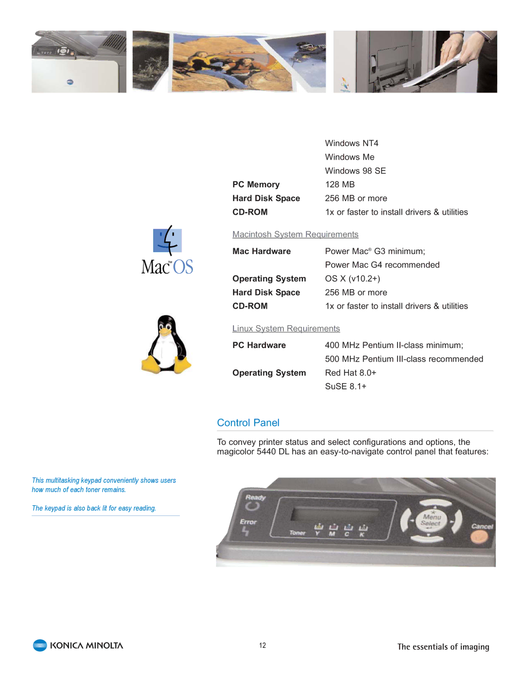 Konica Minolta 5440 DL manual Control Panel, PC Memory, Hard Disk Space, Mac Hardware 