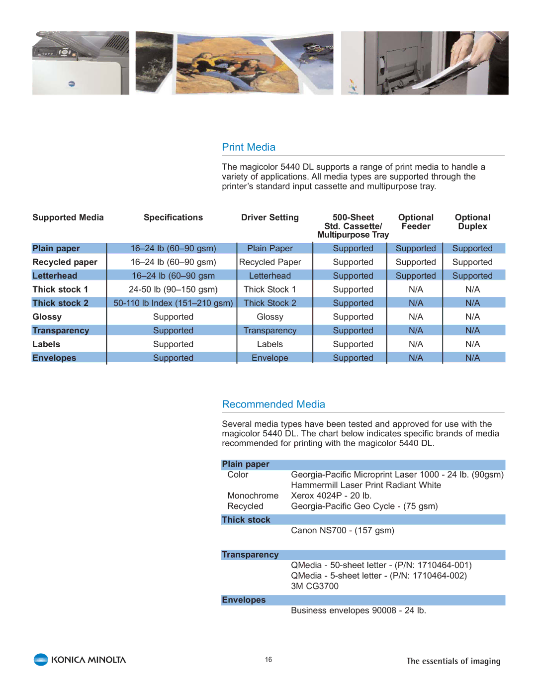 Konica Minolta 5440 DL manual Print Media, Recommended Media 