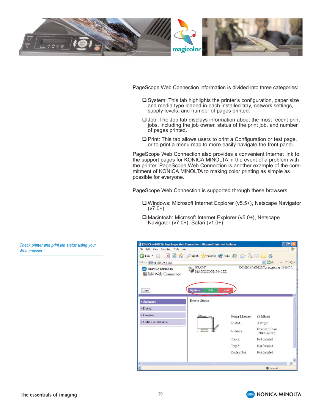 Konica Minolta 5440 DL manual Check printer and print job status using your Web browser 