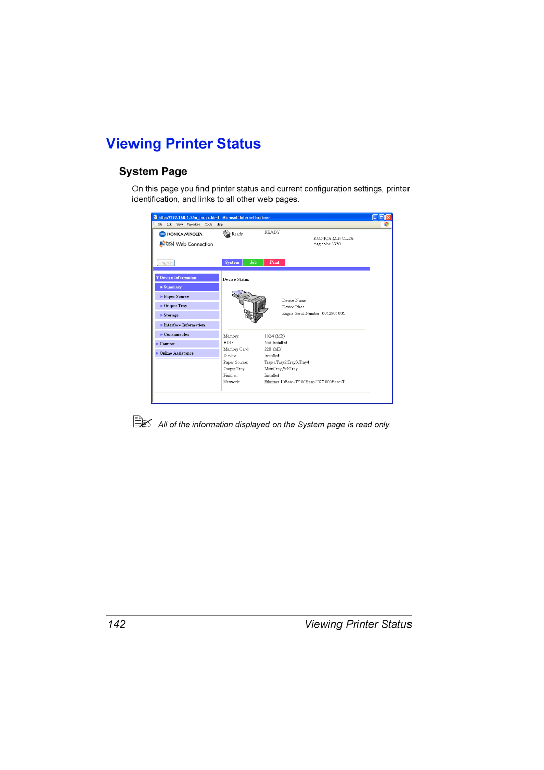 Konica Minolta 5550/5570 manual Viewing Printer Status, System 