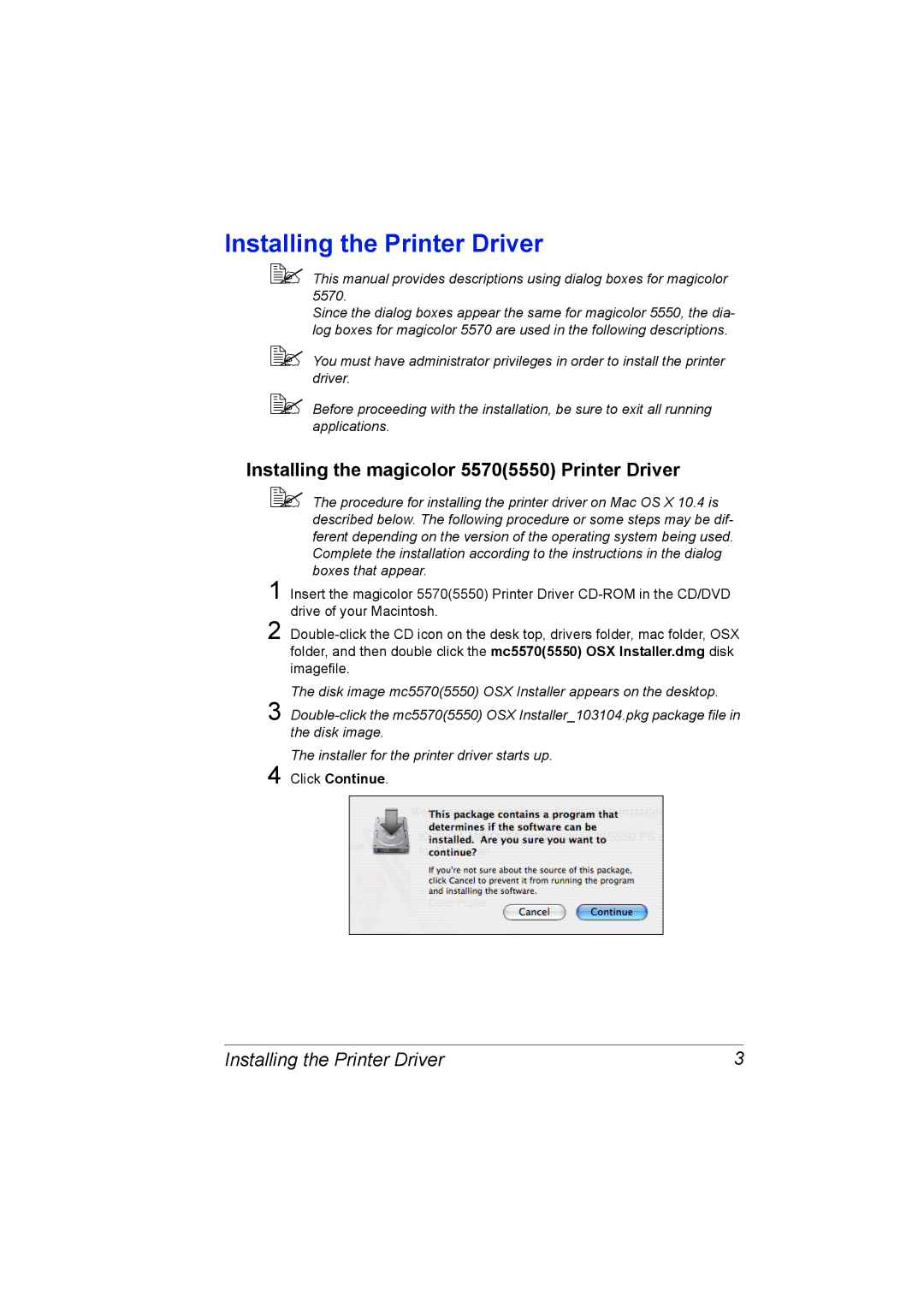 Konica Minolta 5550/5570 Installing the Printer Driver, Installing the magicolor 55705550 Printer Driver, Click Continue 