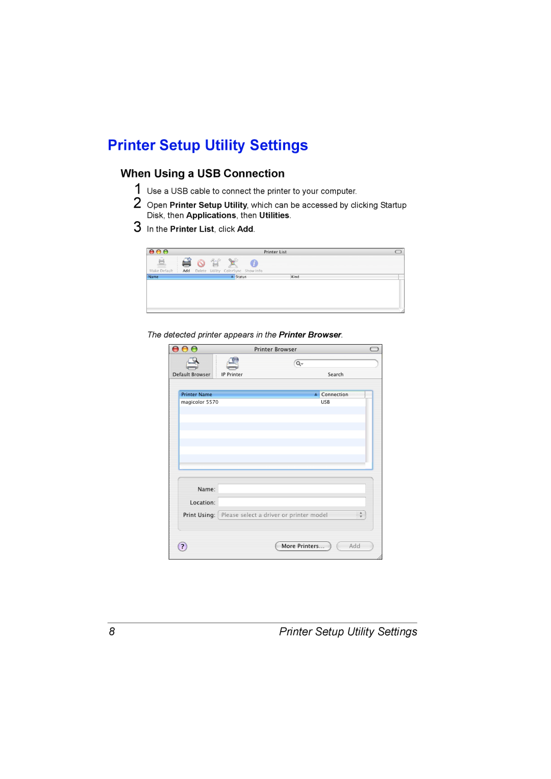 Konica Minolta 5550/5570 manual Printer Setup Utility Settings, When Using a USB Connection 