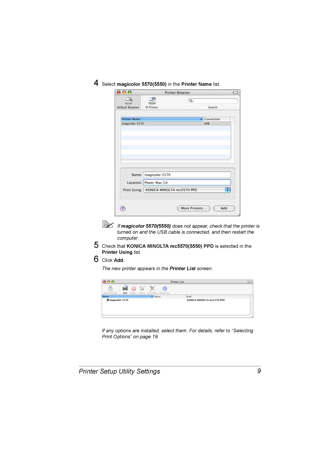 Konica Minolta 5550/5570 manual Select magicolor 55705550 in the Printer Name list 