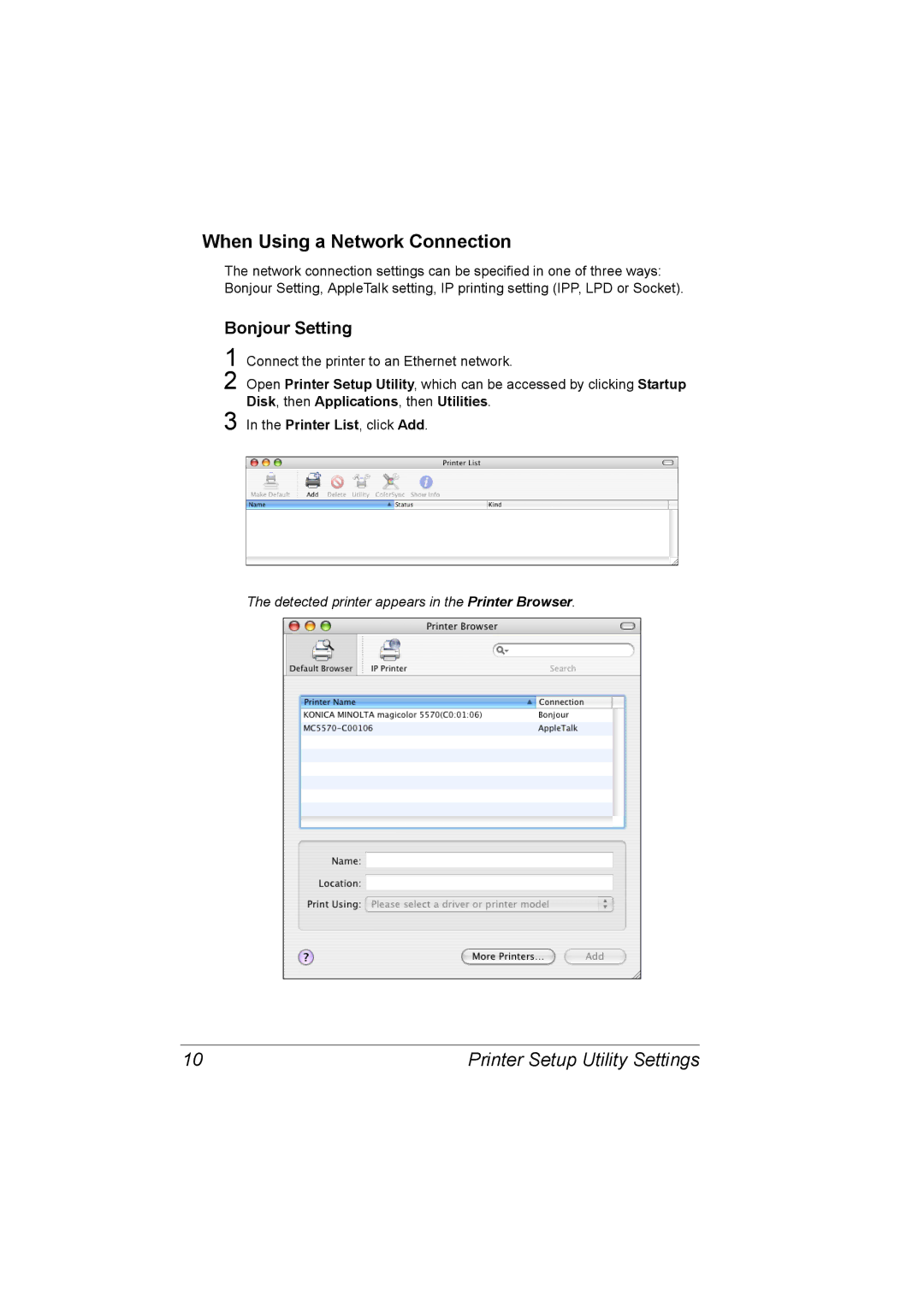 Konica Minolta 5550/5570 manual When Using a Network Connection, Bonjour Setting 