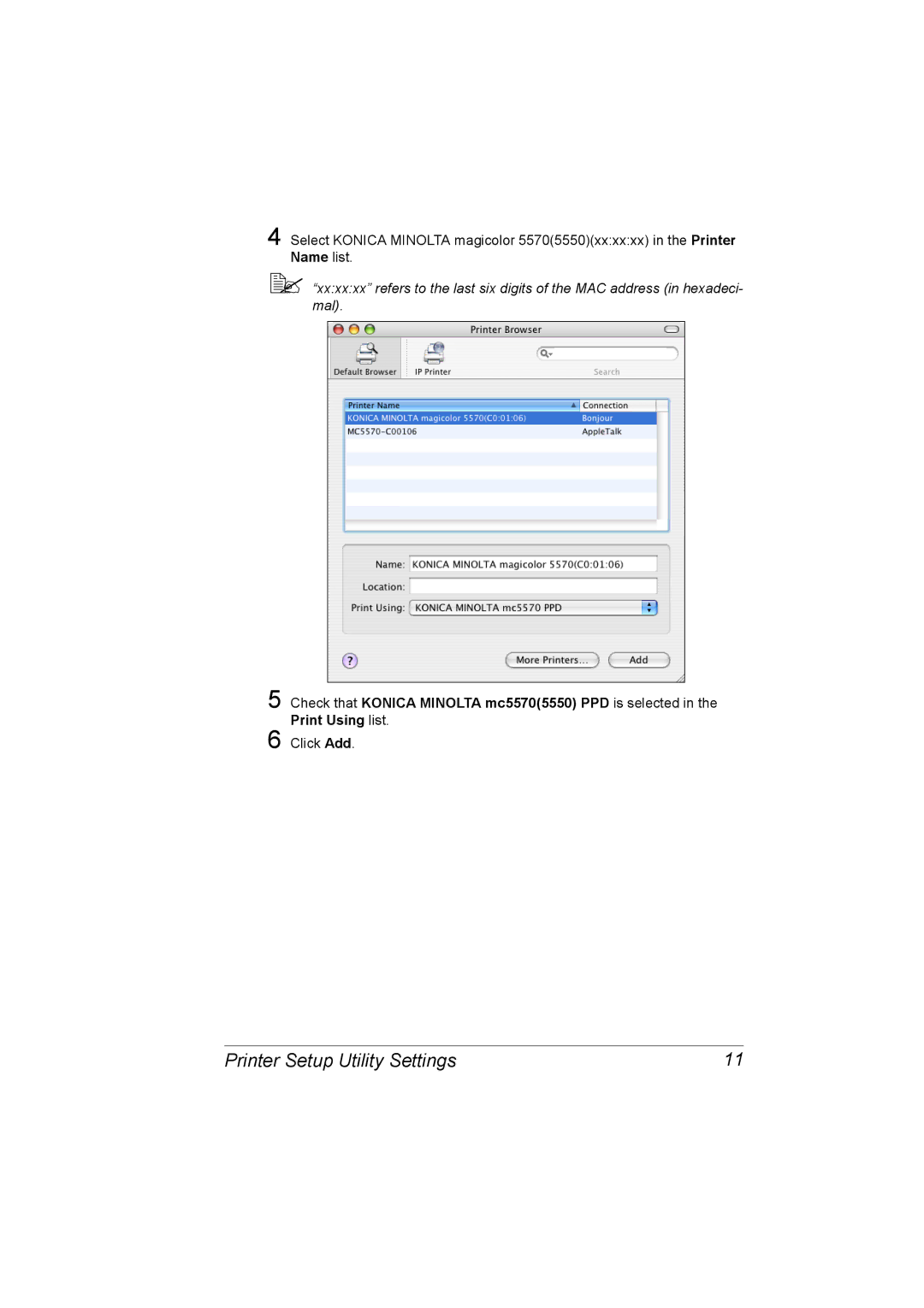 Konica Minolta 5550/5570 manual Printer Setup Utility Settings 