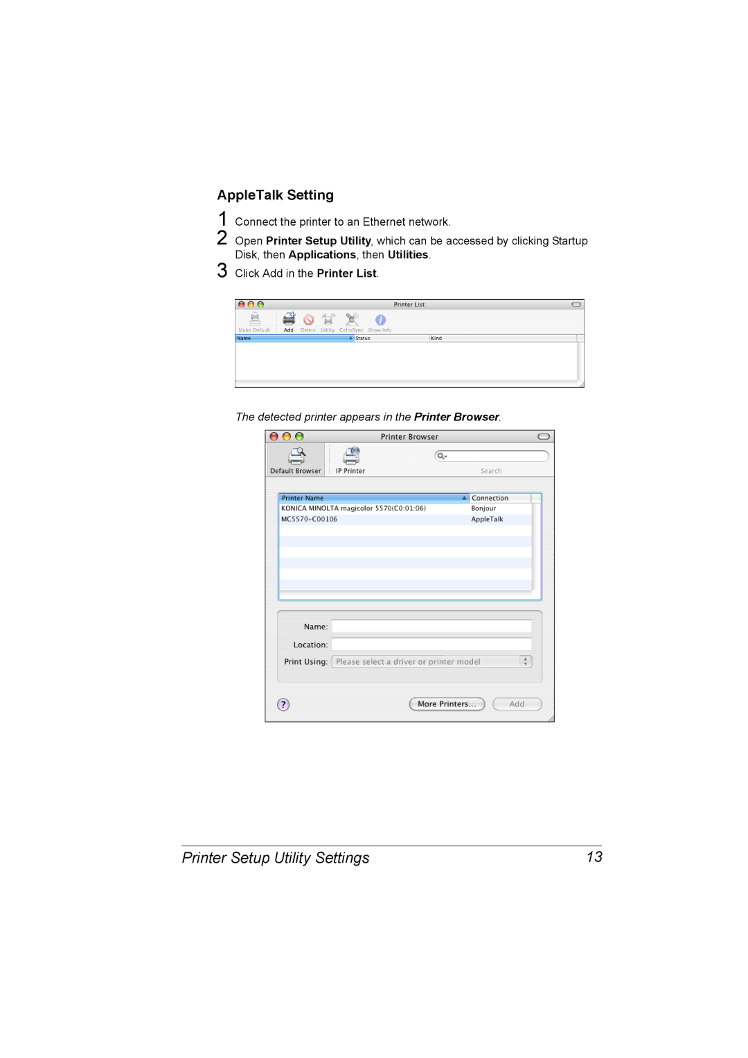 Konica Minolta 5550/5570 manual AppleTalk Setting, Detected printer appears in the Printer Browser 