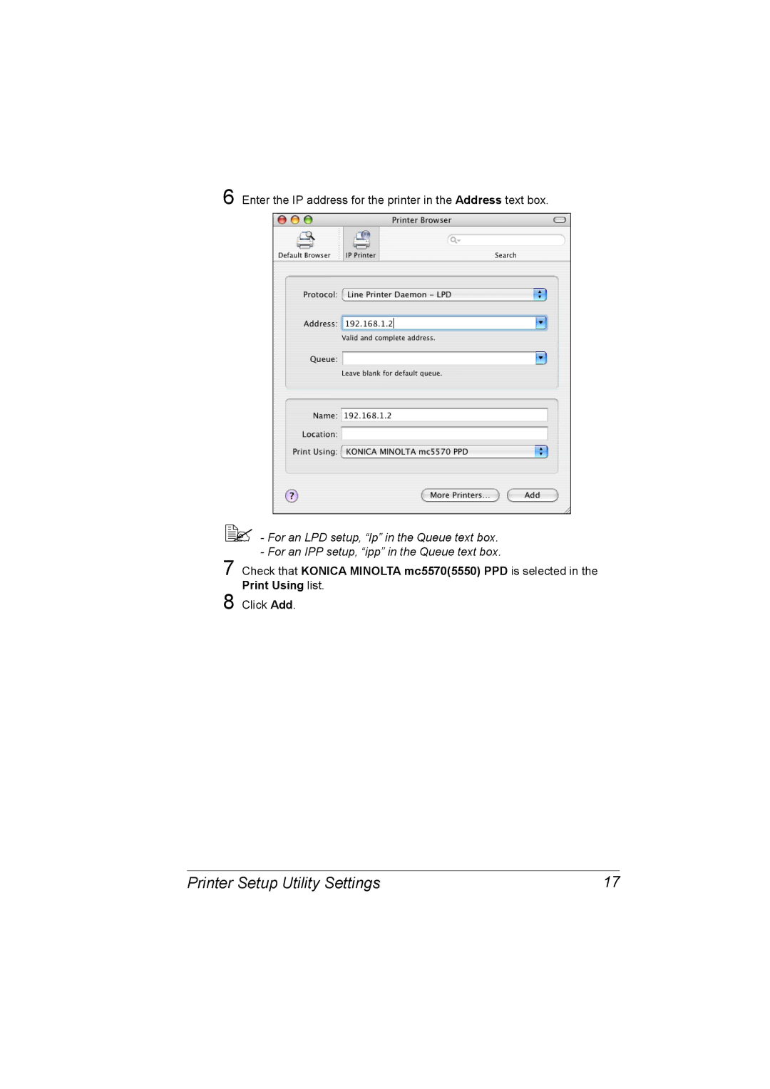 Konica Minolta 5550/5570 manual Enter the IP address for the printer in the Address text box 