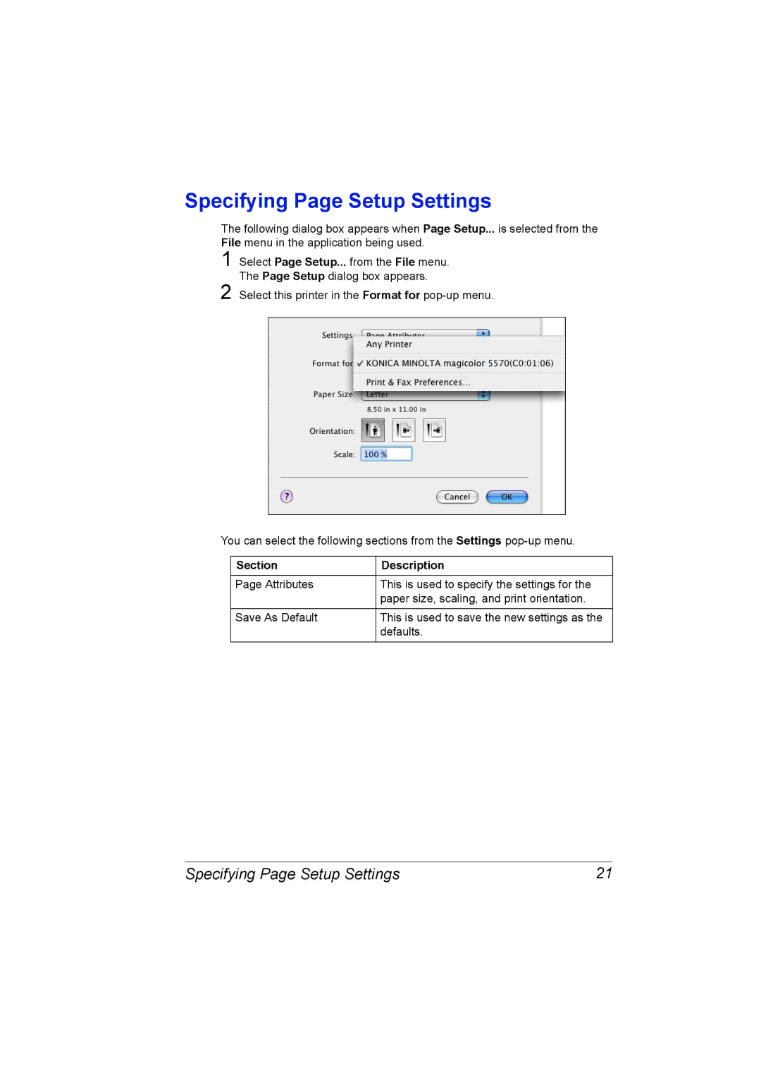 Konica Minolta 5550/5570 manual Specifying Page Setup Settings, Section Description 