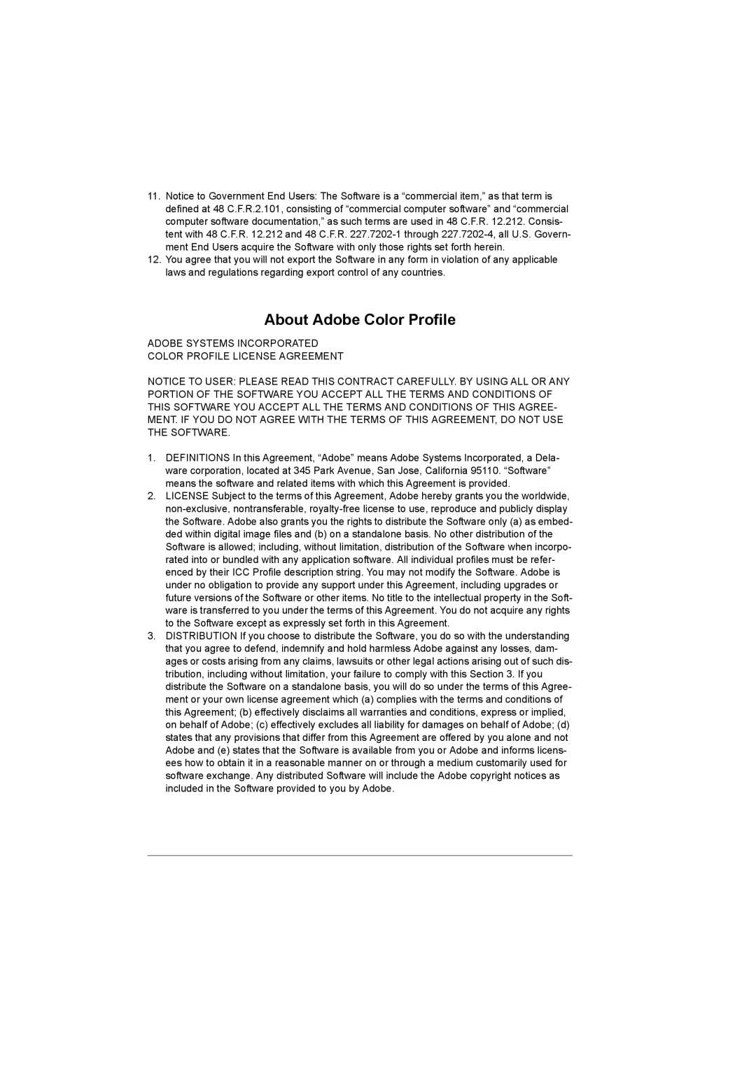 Konica Minolta 5550/5570 manual About Adobe Color Profile, Adobe Systems Incorporated Color Profile License Agreement 