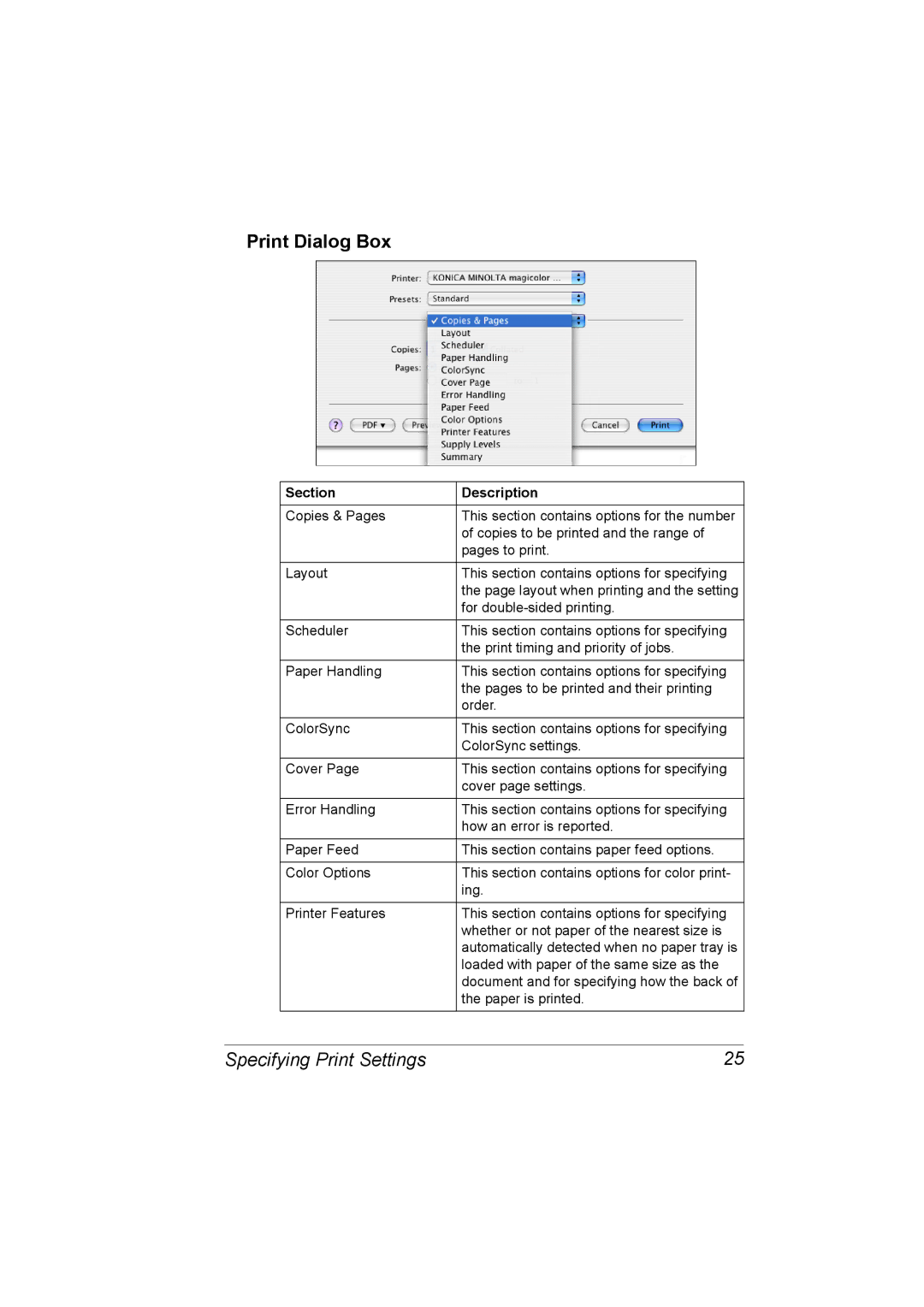 Konica Minolta 5550/5570 manual Print Dialog Box, Specifying Print Settings 