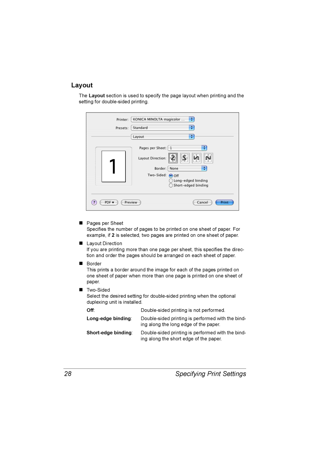 Konica Minolta 5550/5570 manual Layout, Off, Long-edge binding, Short-edge binding 