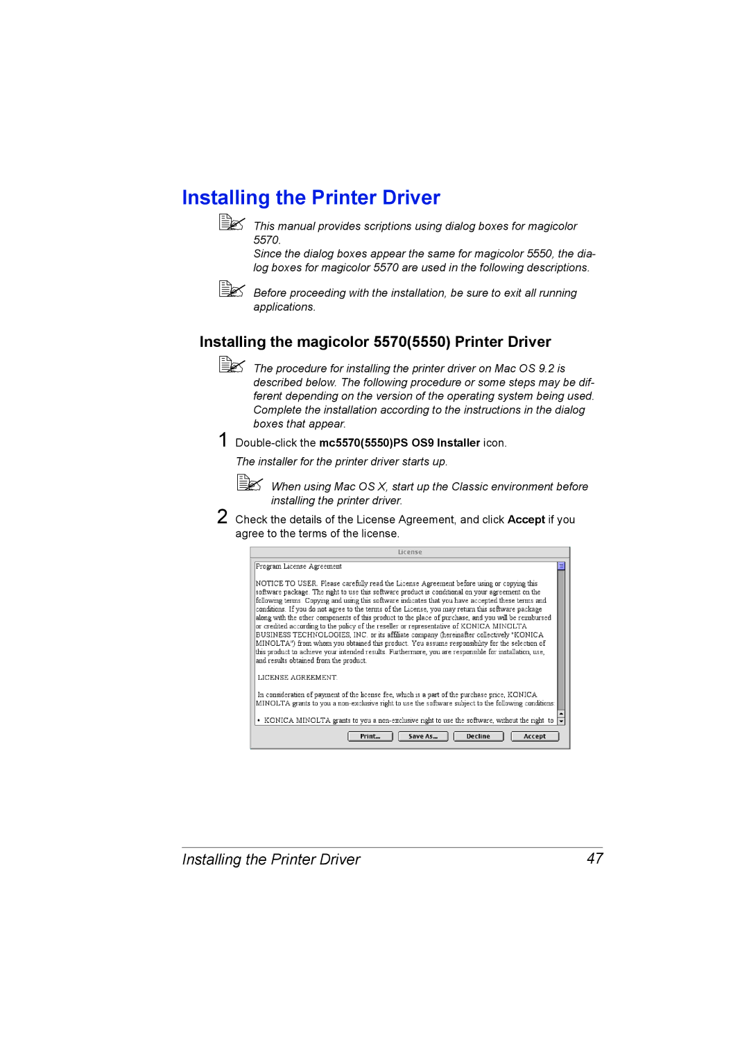 Konica Minolta 5550/5570 manual Installing the Printer Driver, Double-click the mc55705550PS OS9 Installer icon 