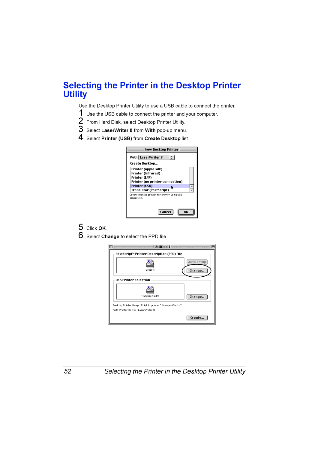 Konica Minolta 5550/5570 Selecting the Printer in the Desktop Printer Utility, Select Printer USB from Create Desktop list 