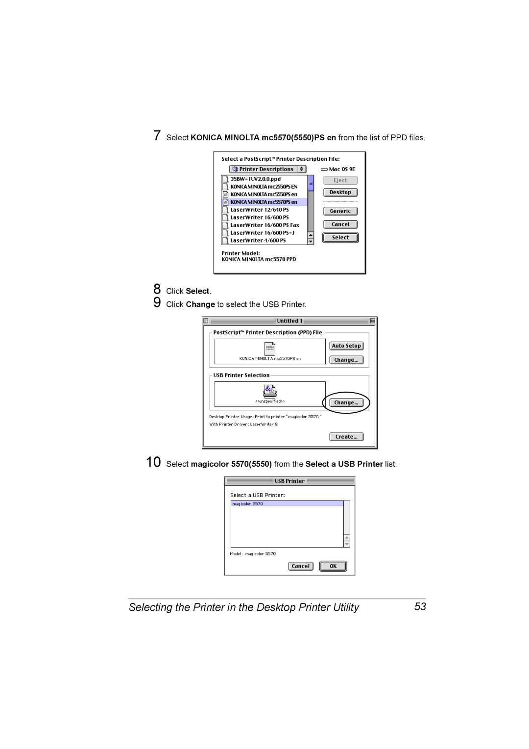 Konica Minolta 5550/5570 manual Select magicolor 55705550 from the Select a USB Printer list 