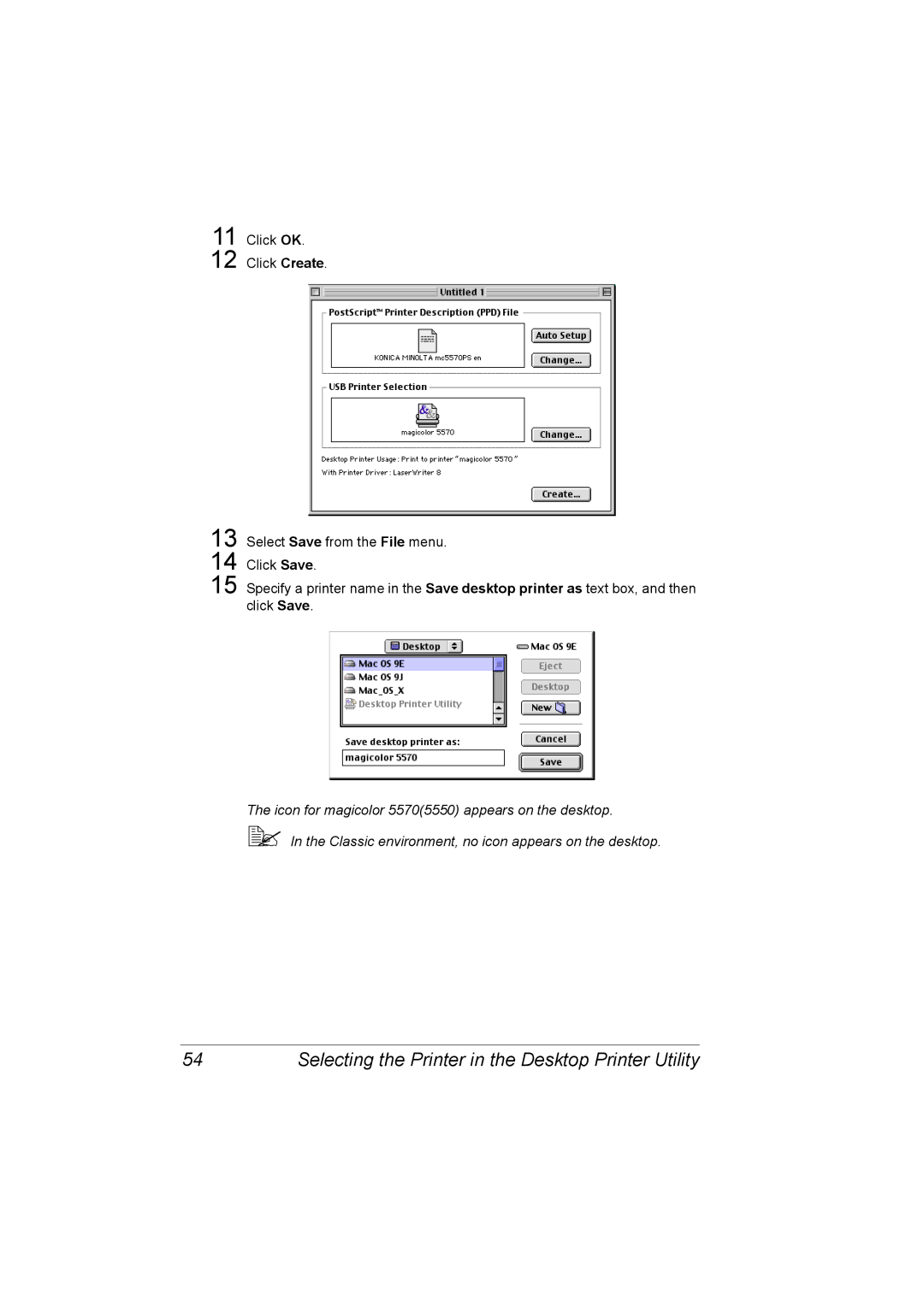 Konica Minolta 5550/5570 manual Selecting the Printer in the Desktop Printer Utility 