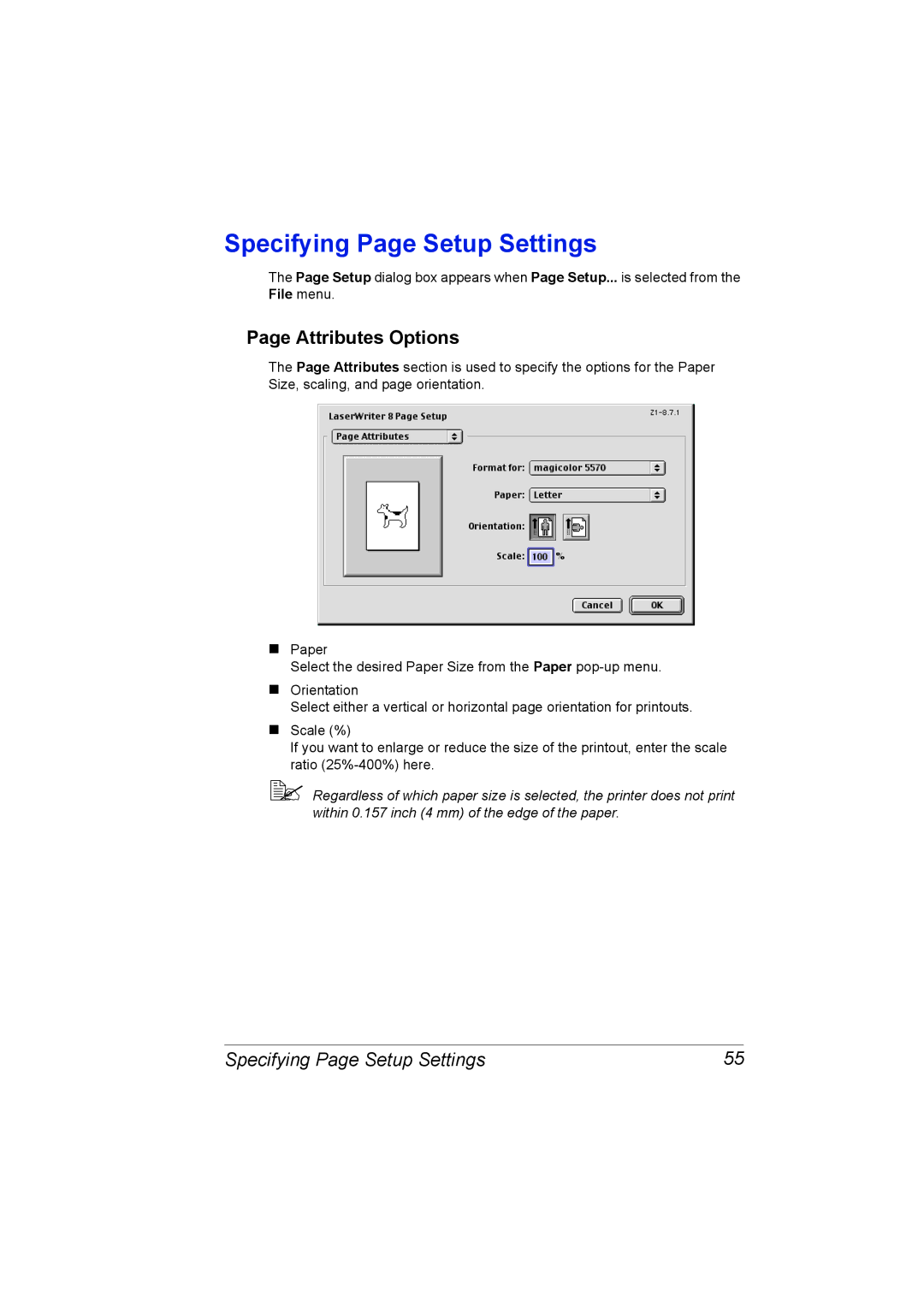 Konica Minolta 5550/5570 manual Specifying Page Setup Settings 