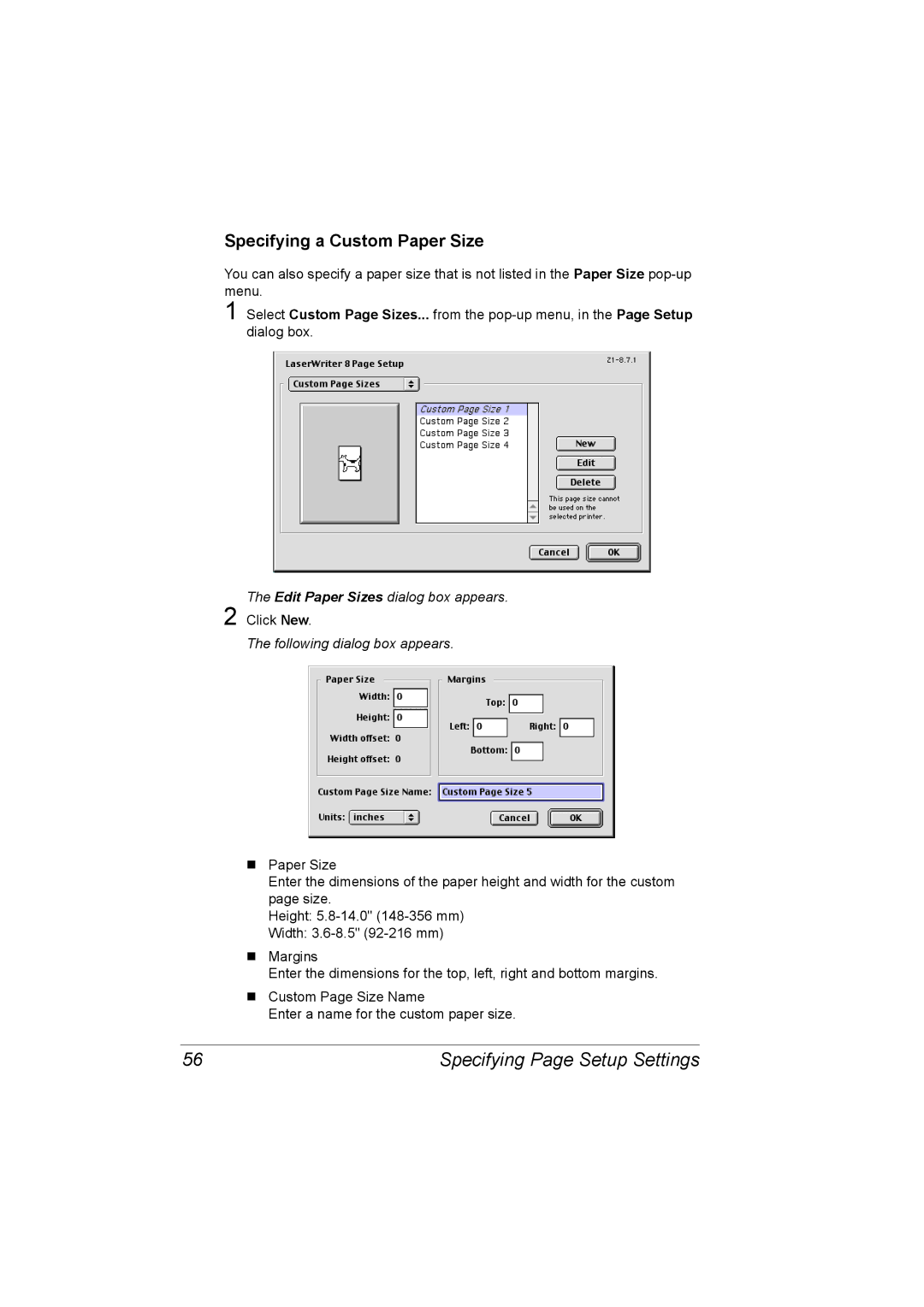 Konica Minolta 5550/5570 Specifying a Custom Paper Size, Edit Paper Sizes dialog box appears, Following dialog box appears 