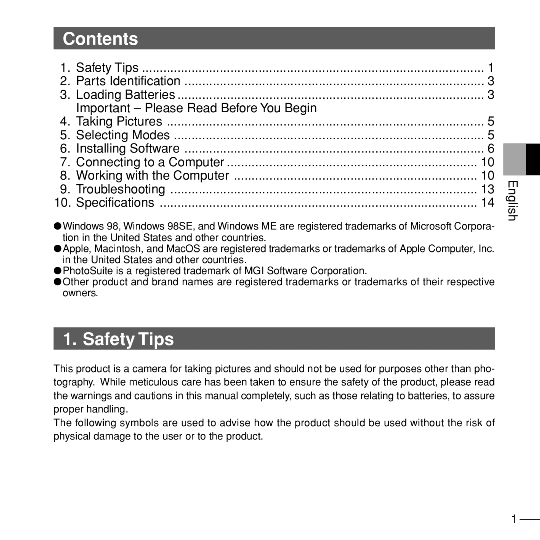 Konica Minolta 5D manual Contents, Safety Tips 