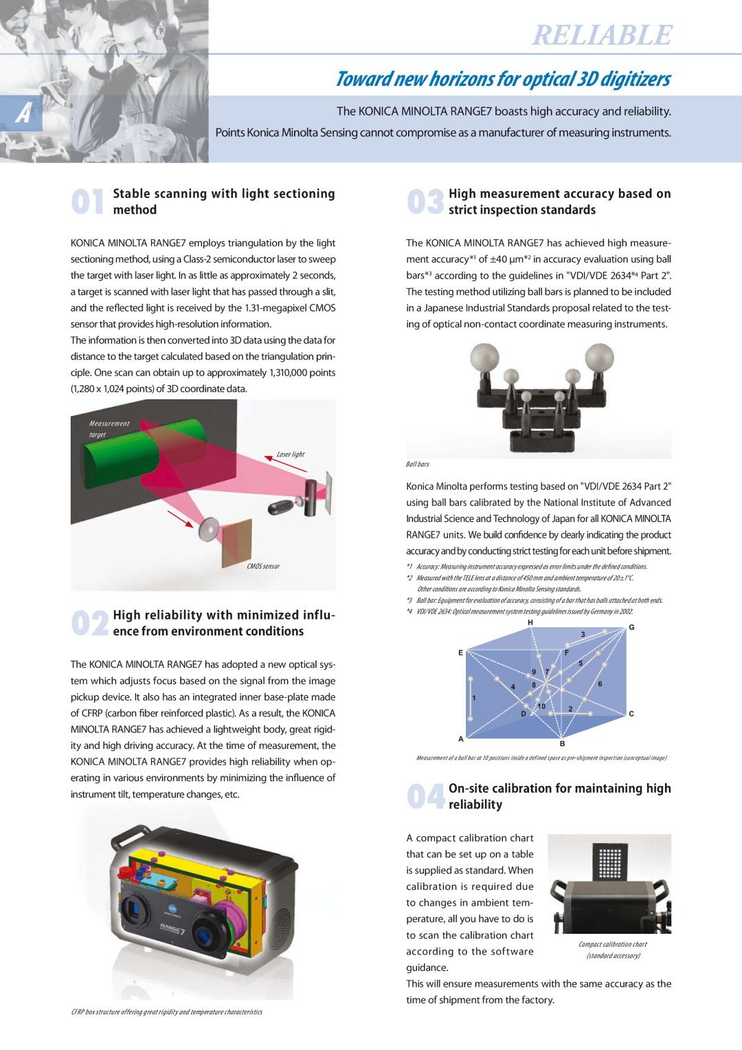 Konica Minolta 7 manual Reliable, Stable scanning with light sectioning method, Laser light Cmos sensor, Ball bars 