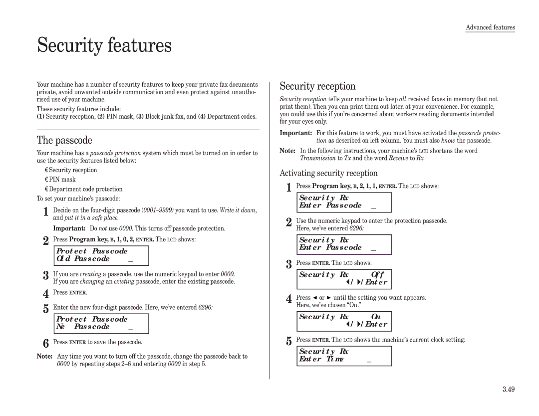 Konica Minolta 7013 manual Security features, Passcode, Security reception 