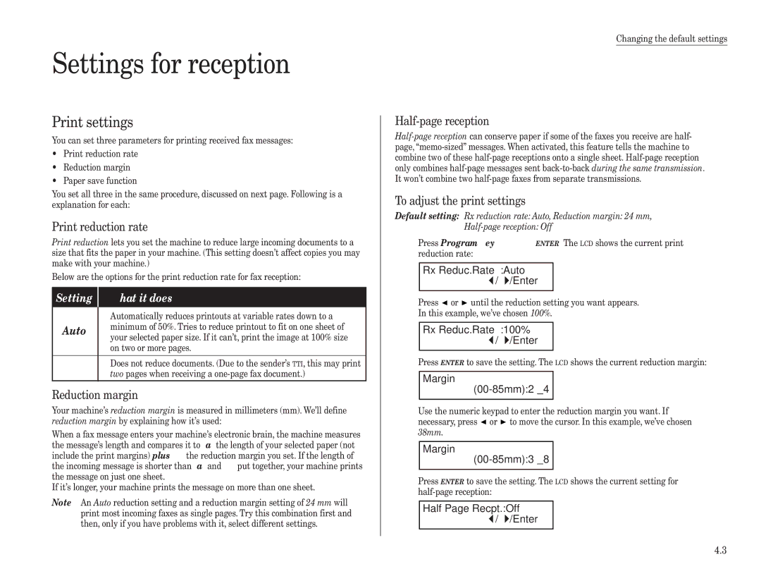 Konica Minolta 7013 manual Settings for reception, Print settings 