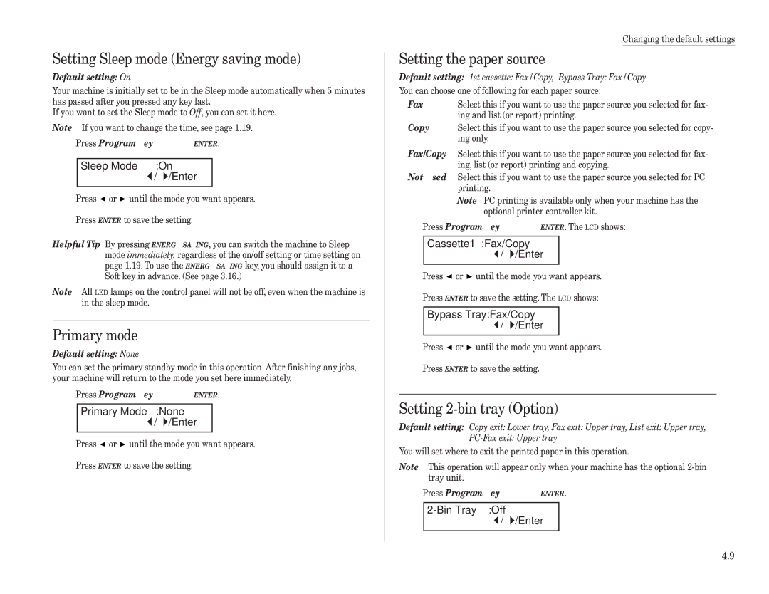 Konica Minolta 7013 manual Setting Sleep mode Energy saving mode, Primary mode, Setting the paper source 