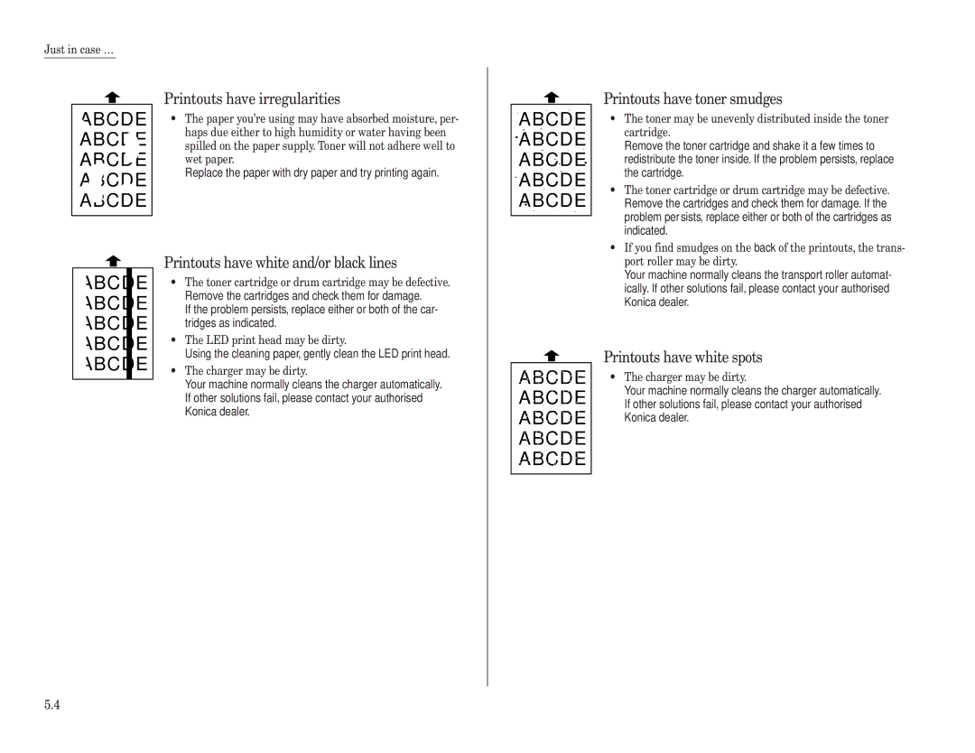 Konica Minolta 7013 Printouts have irregularities, Printouts have white and/or black lines, Printouts have toner smudges 