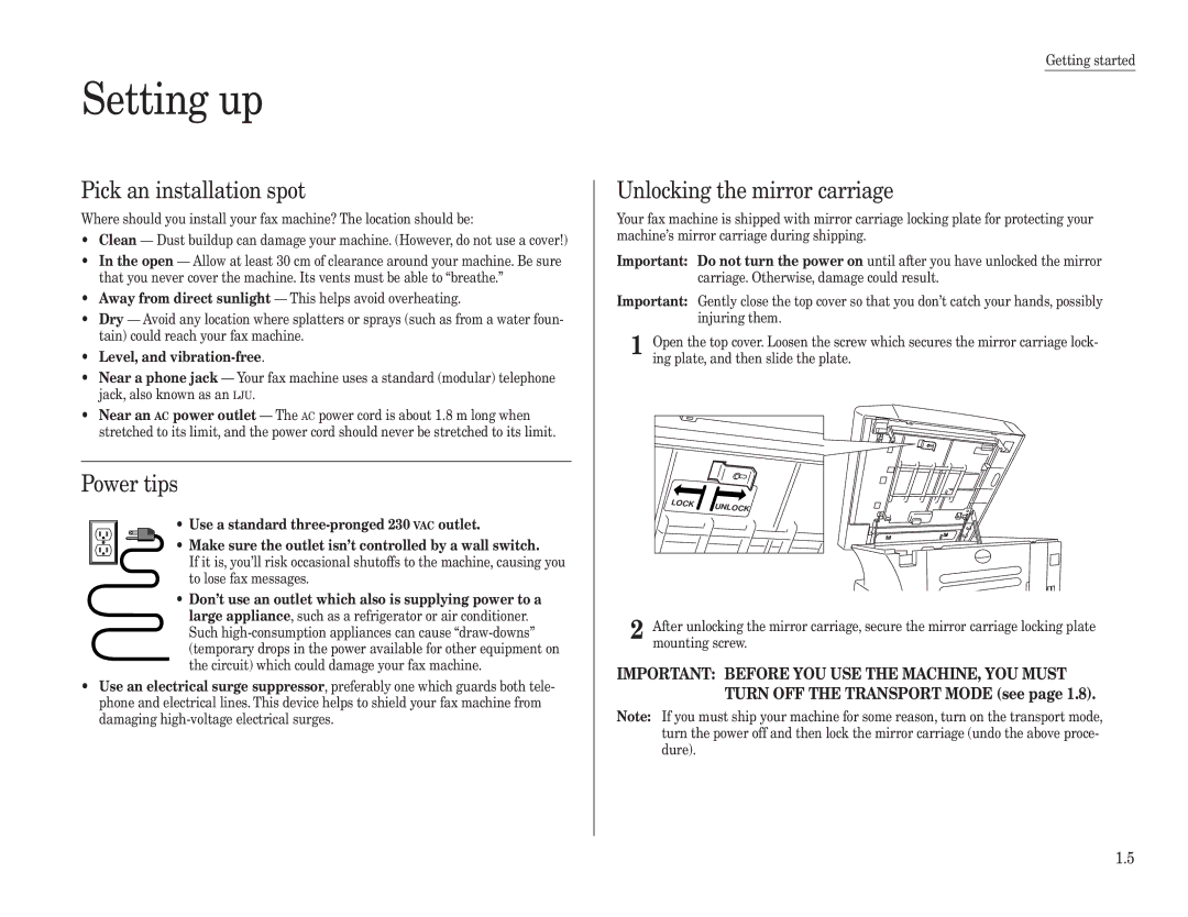 Konica Minolta 7013 manual Setting up, Pick an installation spot, Power tips, Unlocking the mirror carriage 