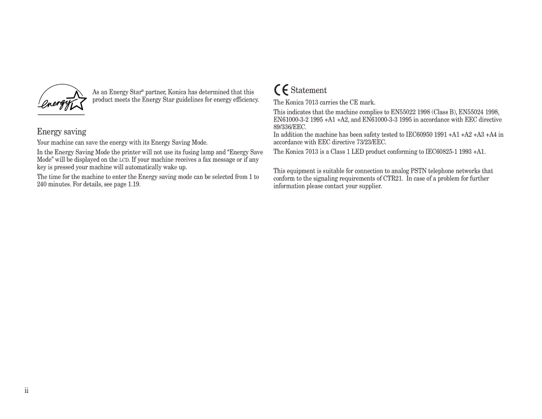 Konica Minolta 7013 manual Energy saving, Statement 