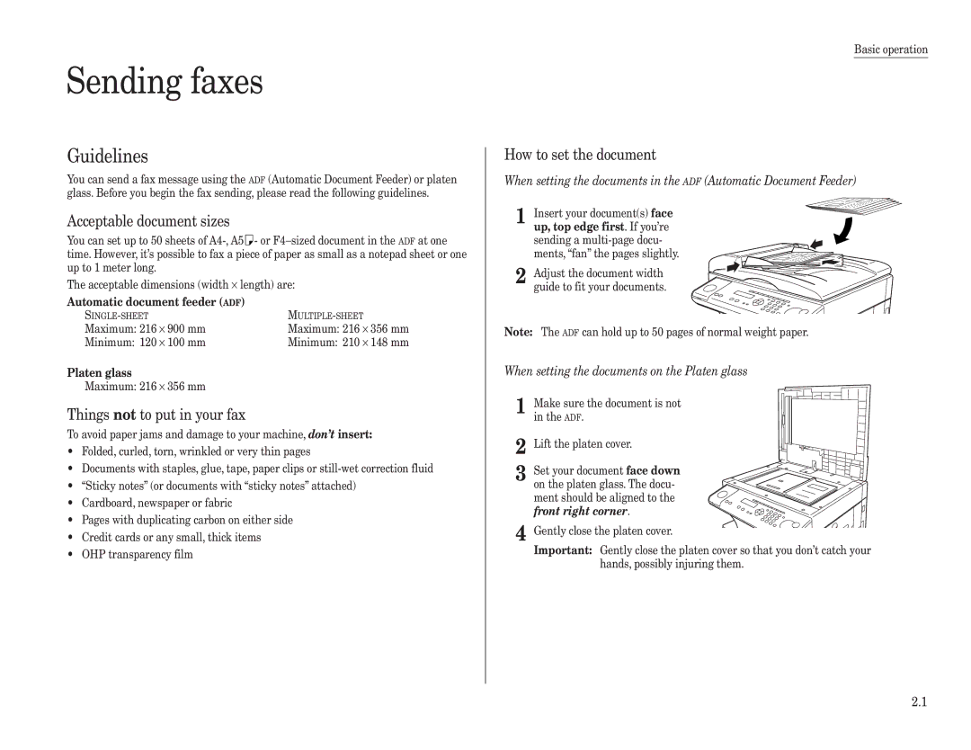 Konica Minolta 7013 manual Sending faxes, Guidelines, Acceptable document sizes, Things not to put in your fax 