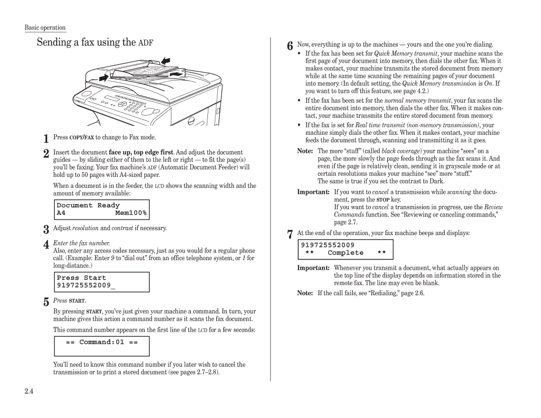 Konica Minolta 7013 manual Sending a fax using the ADF, Document Ready A4Mem100%, Press Start, == Command01 ==, Complete 