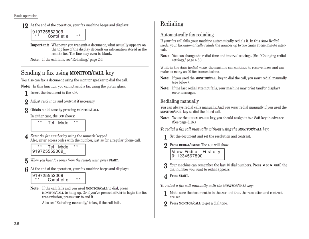 Konica Minolta 7013 manual Sending a fax using MONITOR/CALL key, Redialing, Tel Mode, View Redial History 