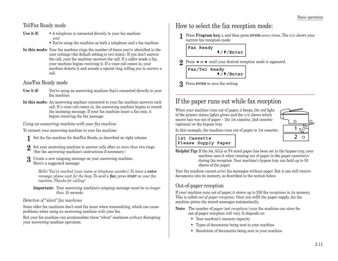 Konica Minolta 7013 How to select the fax reception mode, If the paper runs out while fax reception, Fax/Tel Ready Enter 