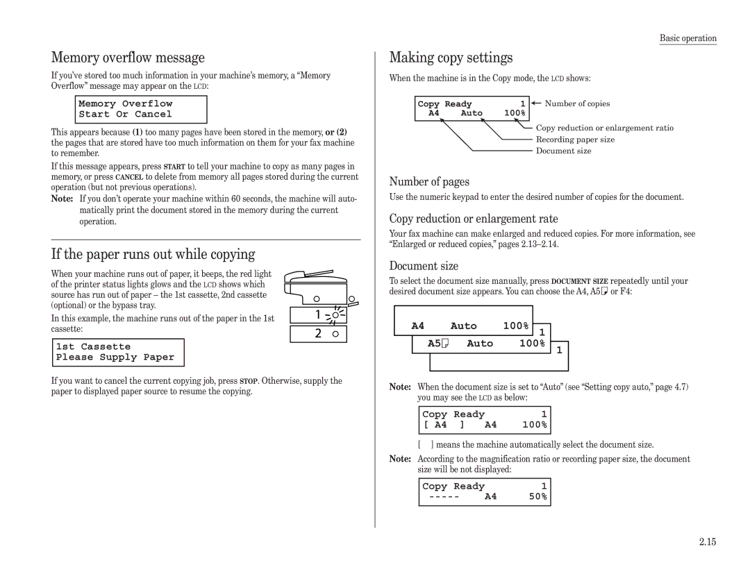 Konica Minolta 7013 manual If the paper runs out while copying, Making copy settings, 50% 