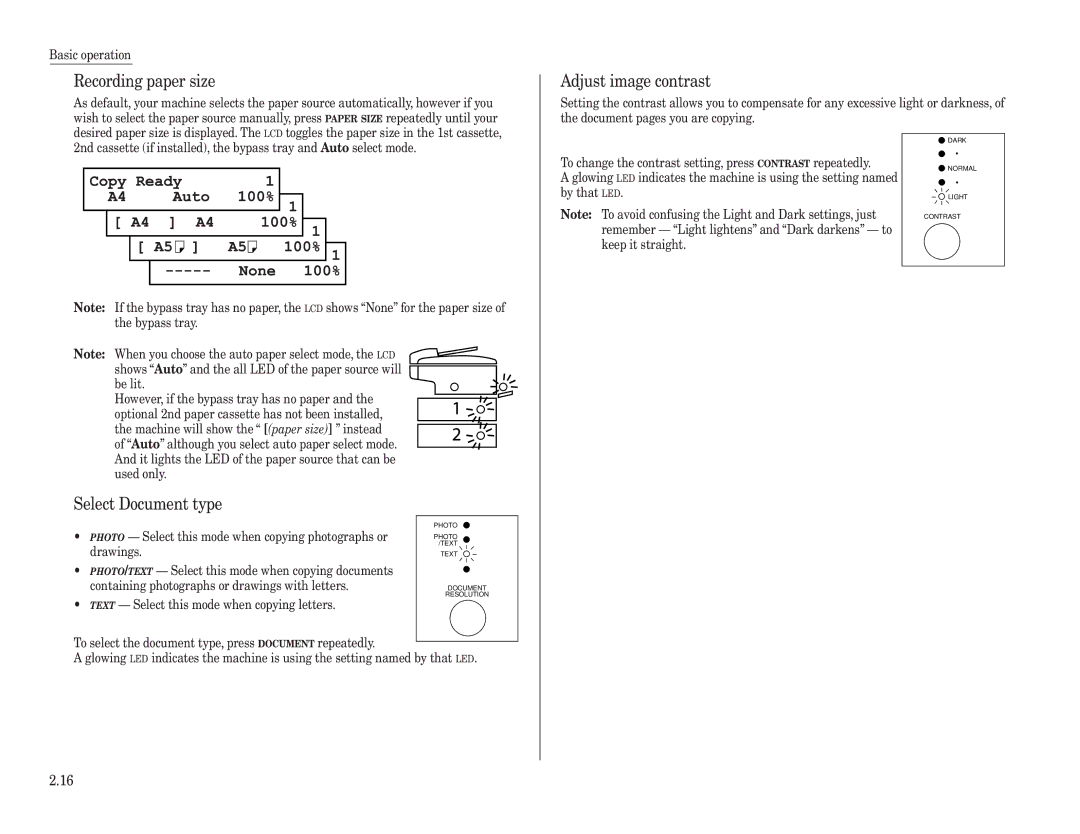 Konica Minolta 7013 manual Recording paper size, Adjust image contrast, Select Document type 