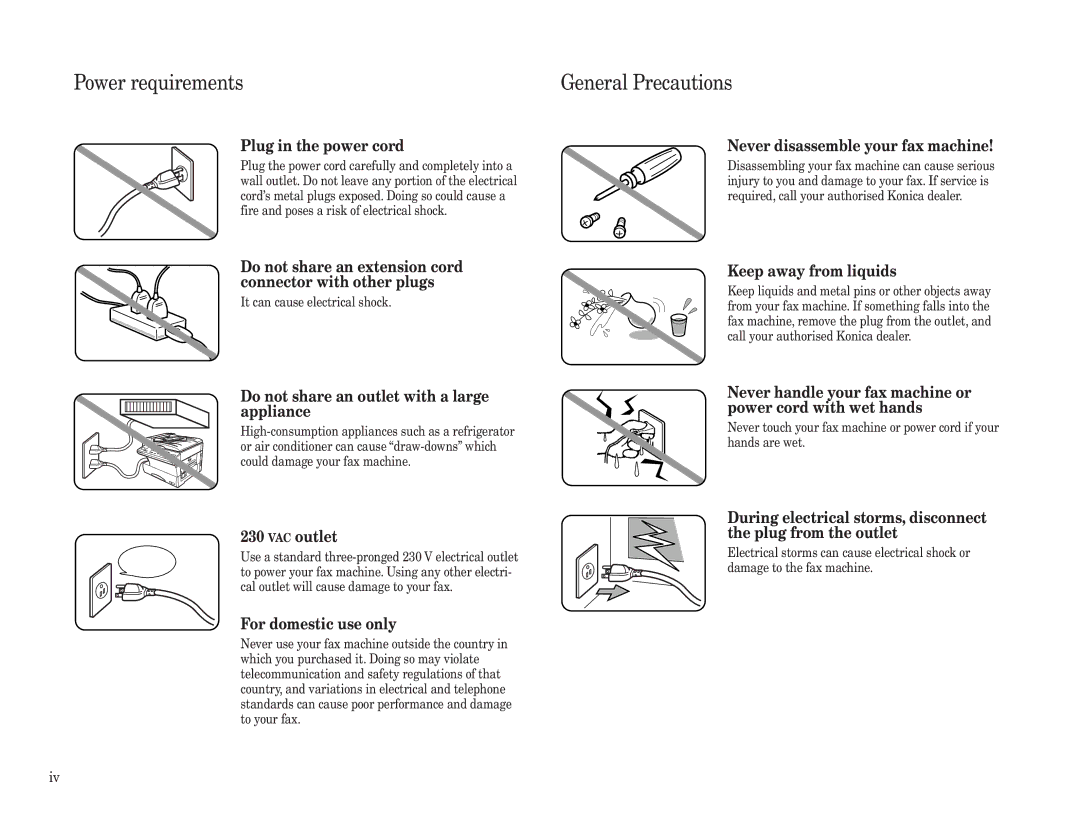 Konica Minolta 7013 manual Power requirements General Precautions, Plug in the power cord 