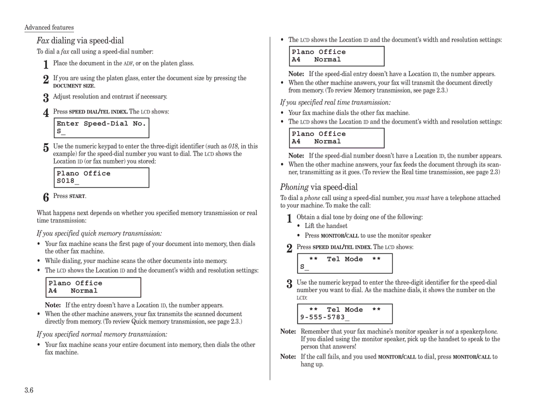 Konica Minolta 7013 manual Fax dialing via speed-dial, Plano Office S018, Phoning via speed-dial 