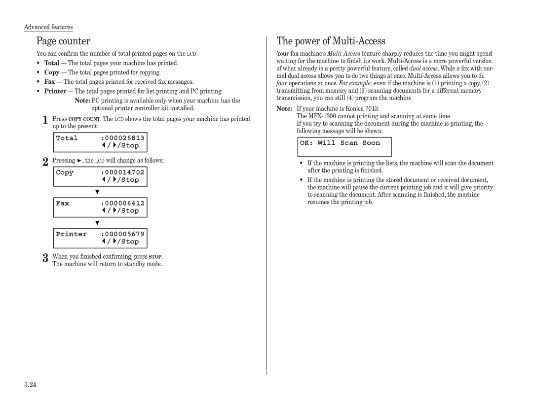 Konica Minolta 7013 manual Counter, Power of Multi-Access, Total 000026813 Stop, Copy 000014702 Stop Fax 000006412 