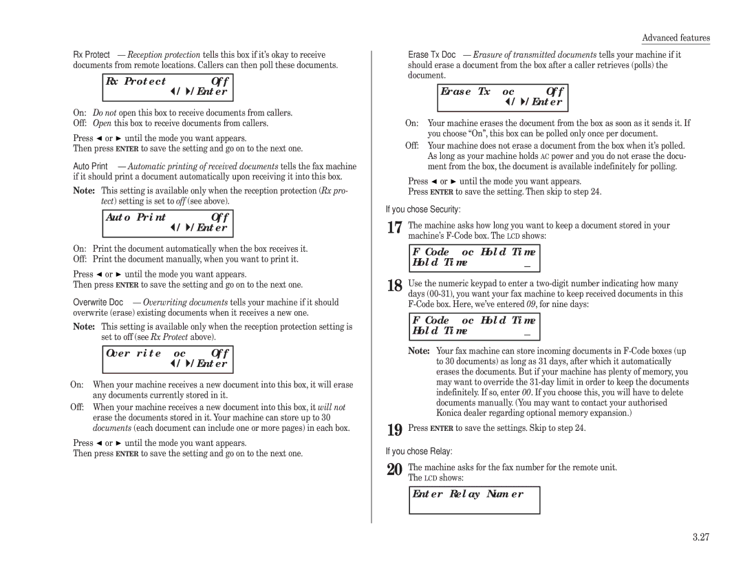 Konica Minolta 7013 manual Rx Protect Off Enter, Auto Print Off Enter, Code Doc Hold Time, Enter Relay Number 