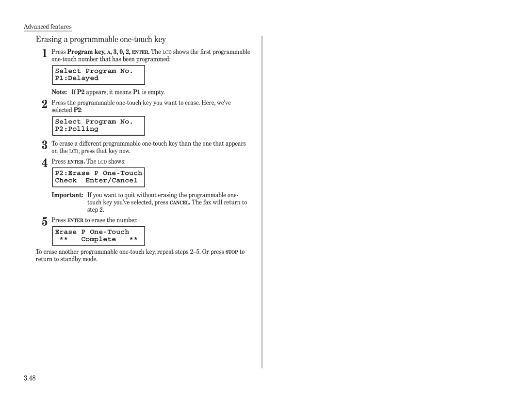 Konica Minolta 7013 manual Erasing a programmable one-touch key, Select Program No P1Delayed, Select Program No P2Polling 