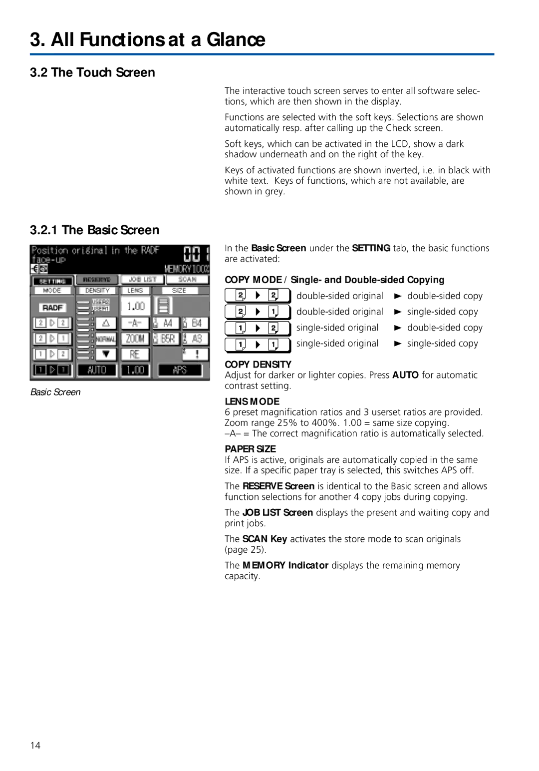 Konica Minolta 7020 instruction manual Touch Screen, Basic Screen, Copy Density, Lens Mode, Paper Size 